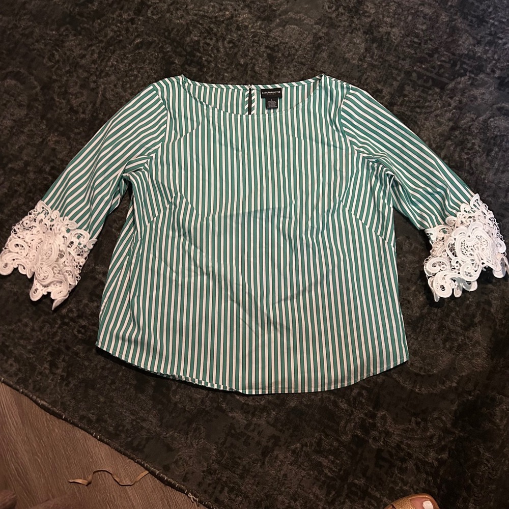 Career Green White Striped Crochet Lace Cuff Blouse Top Large 3/4 Bell Sleeve
